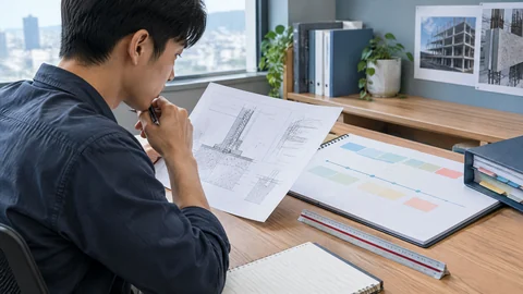 考生在工程管理乙級備考桌前整理施工圖讀圖與讀書計畫的示意畫面