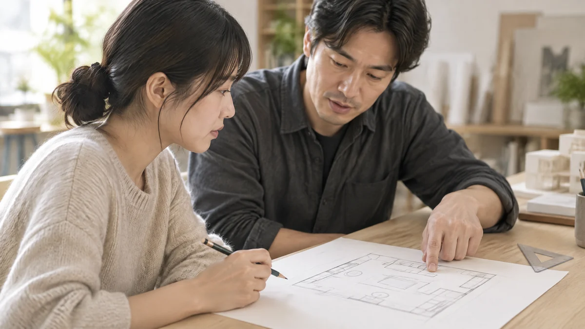 一名室內設計乙級考生與指導者共同檢視練習圖面,呈現選課時重視即時回饋的教學情境示意