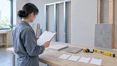 工程管理備考者在半完成的室內施工樣板旁核對施工流程與材料