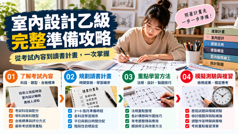 室內設計乙級完整準備攻略，包含考試內容、讀書計畫、重點學習方法及模擬測驗複習四大階段