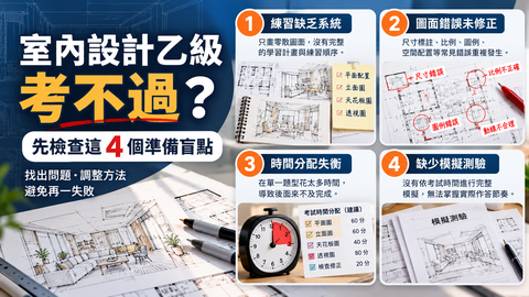 室內設計乙級考不過的四個準備盲點，包括練習系統、圖面錯誤、時間分配及模擬測驗
