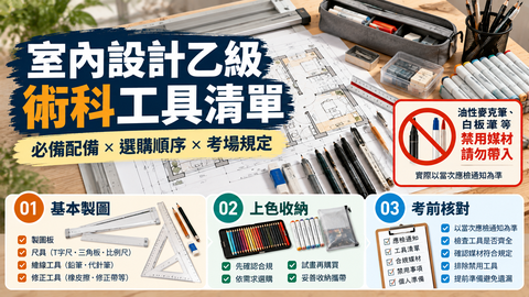室內設計乙級術科工具清單，包含製圖板、尺具、繪圖筆、上色用品、收納方式及考場禁用媒材提醒