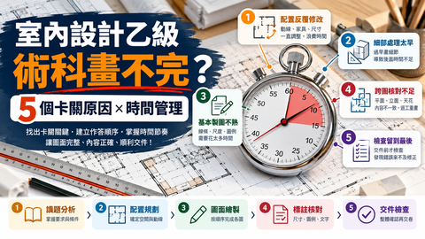 室內設計乙級術科畫不完的五個卡關原因，包括配置反覆修改、細部處理太早、基本製圖不熟、跨圖核對不足及檢查留到最後，搭配五階段時間管理流程