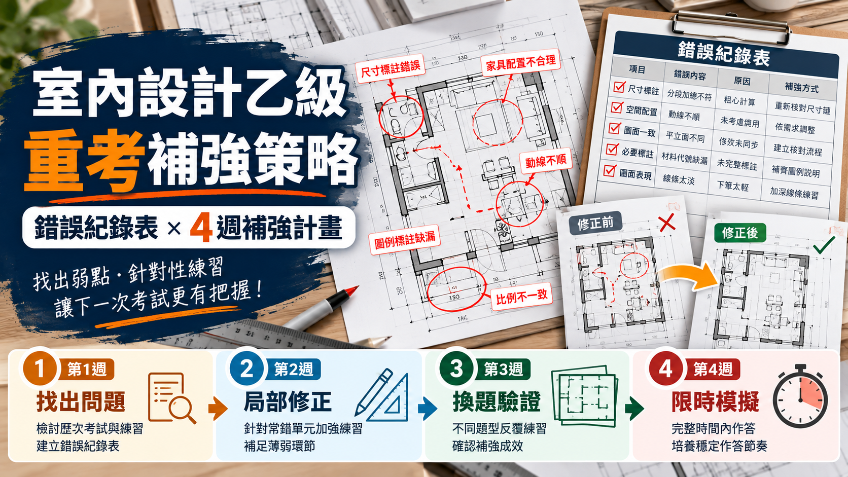室內設計乙級重考補強策略,透過錯誤紀錄表找出問題,依四週計畫進行局部修正、換題驗證及限時模擬