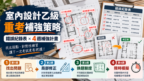 室內設計乙級重考補強策略，透過錯誤紀錄表找出問題，依四週計畫進行局部修正、換題驗證及限時模擬