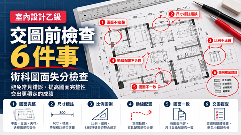 室內設計乙級術科交圖前六項檢查，包括圖面完整、尺寸標註、比例圖例、動線配置、圖面一致與交圖複查