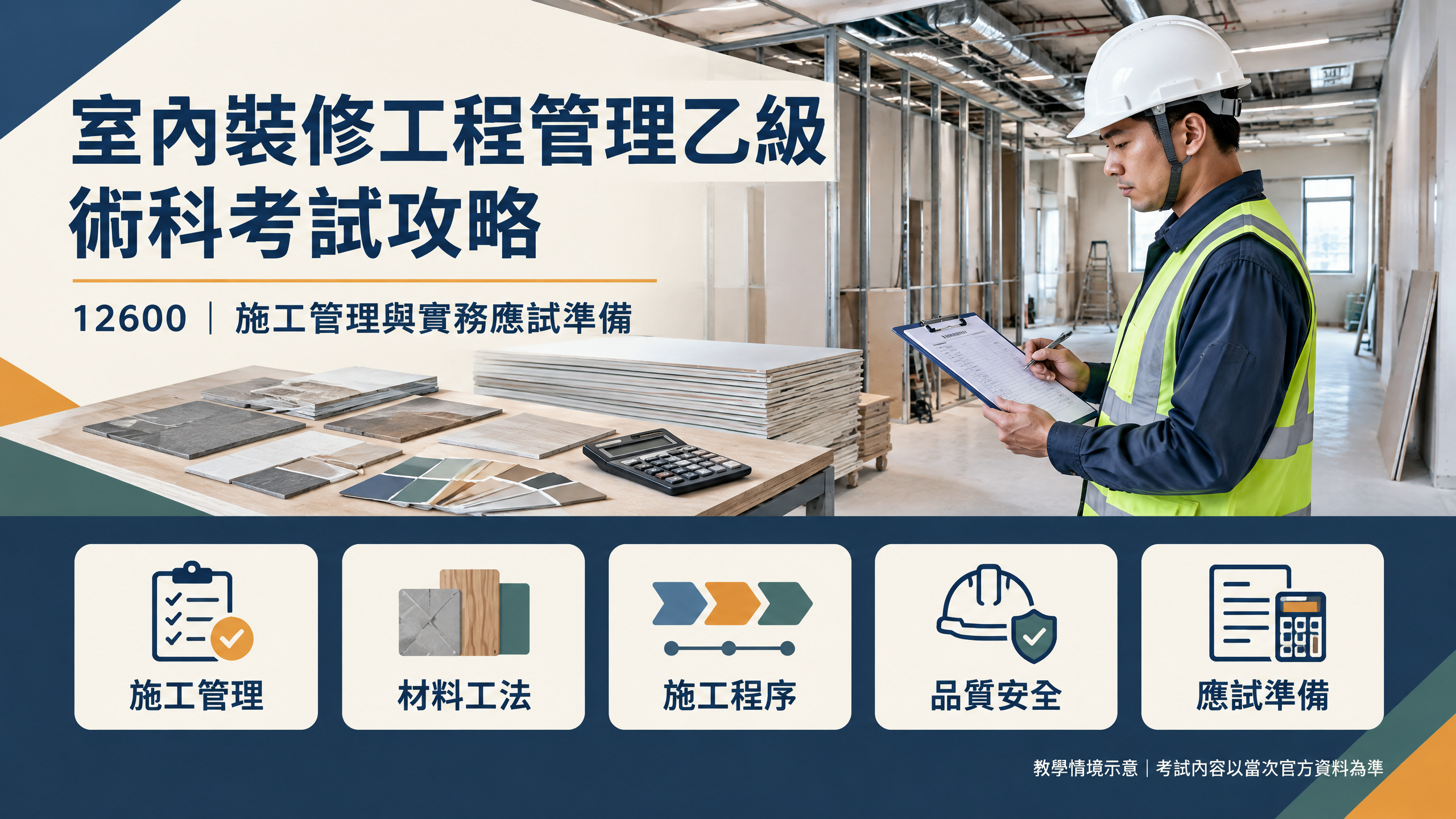 室內裝修工程管理乙級術科考試攻略,涵蓋施工管理、材料工法、施工程序與實務應試準備