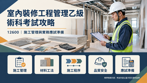 室內裝修工程管理乙級術科考試攻略，涵蓋施工管理、材料工法、施工程序與實務應試準備