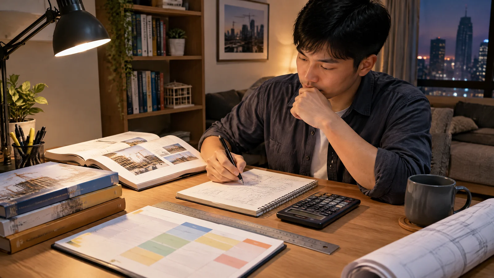 下班後的在職考生在整潔書桌前規劃工程管理乙級十二週讀書進度