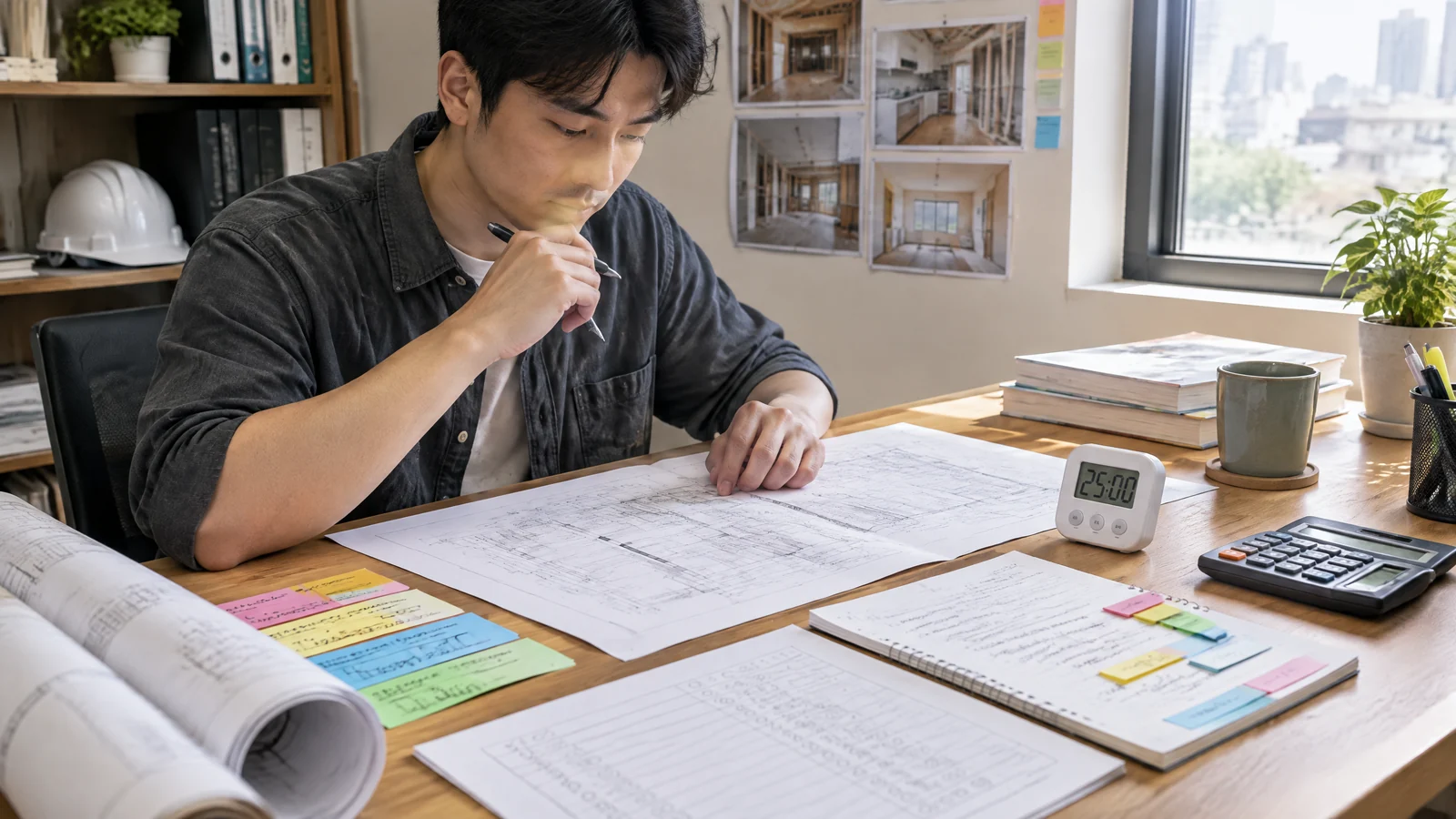 室內裝修工程管理考生在安靜書桌前以題庫、計時器和錯題筆記進行考前複習