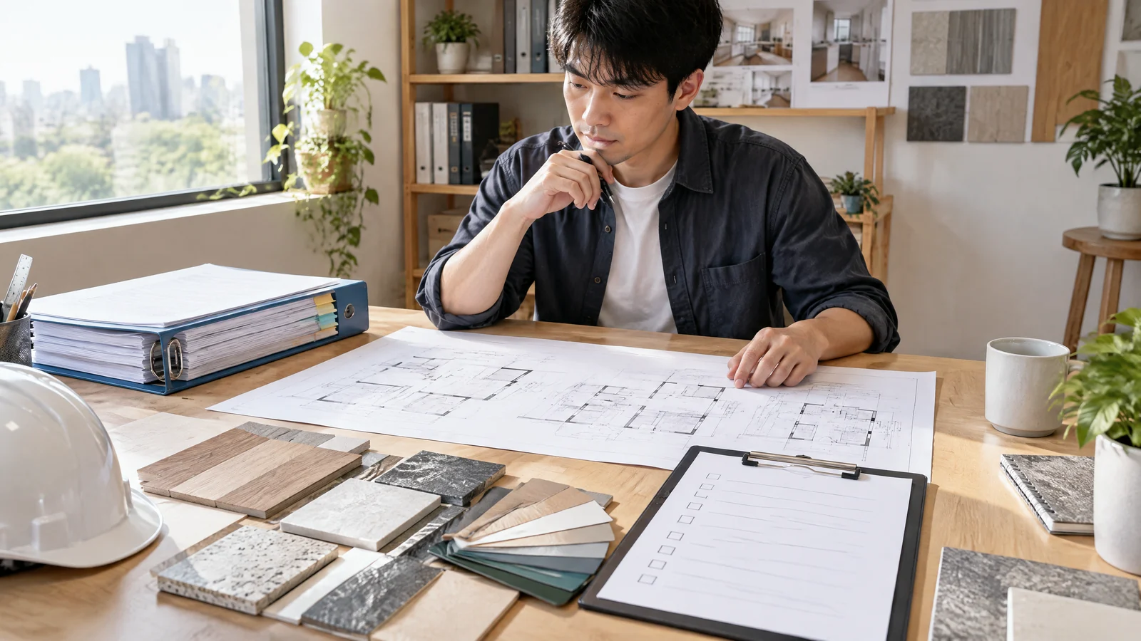 學員在明亮工作桌前比對室內裝修法規、施工圖與材料樣本的教學情境