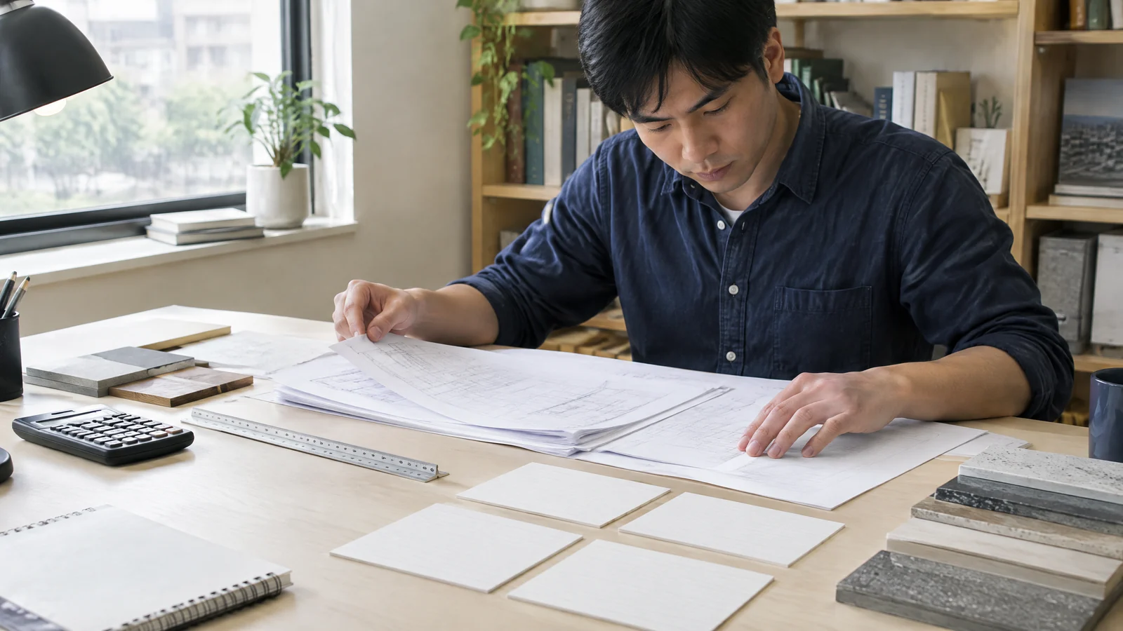 學員在整潔書桌前以官方考題與錯題卡練習室內裝修工程管理觀念的原創教學情境