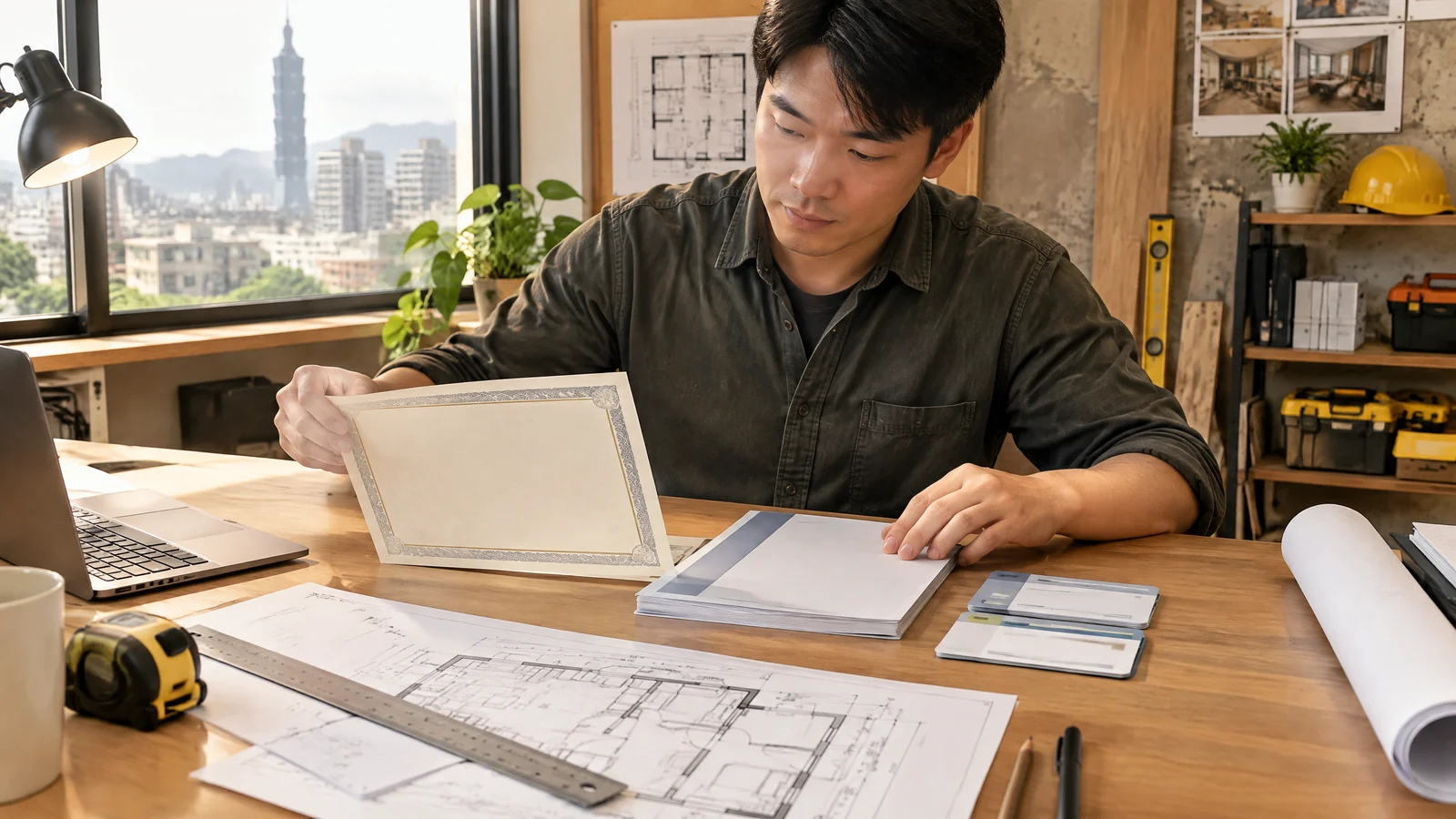 室內裝修工程管理人員在辦公桌上核對技術士證、訓練證明與法規流程文件